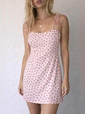 Resa Odi Strawberry Print‎ Mini Slip Dress Small Pink Tie Strap Coquette Summer